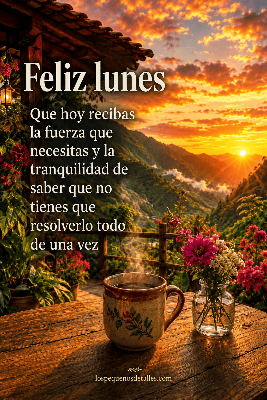 Imagen de un amanecer intenso sobre montañas verdes, con flores y una taza de café humeante sobre una mesa de madera, junto al mensaje: “Feliz lunes. Que hoy recibas la fuerza que necesitas y la tranquilidad de saber que no tienes que resolverlo todo de una vez”.
