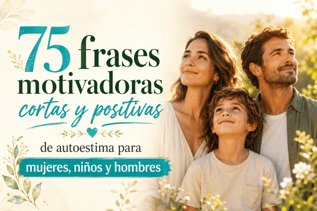 Imagen destacada de "75 frases motivadoras cortas y positivas de autoestima para mujeres, niños y hombres", con una madre, un hijo y un padre mirando hacia arriba con confianza bajo la luz del sol, rodeados de vegetación y flores.