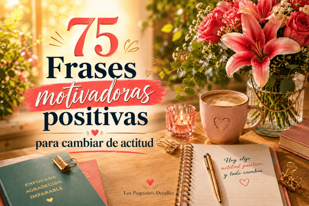 Imagen destacada de "75 frases motivadoras positivas para cambiar de actitud", con un cuaderno abierto con la frase "Hoy elijo actitud positiva y todo cambia", una taza de café con un corazón dibujado, un ramo de rosas y lirios, una vela encendida y libros con las palabras "Enfocada, Agradecida, Imparable".