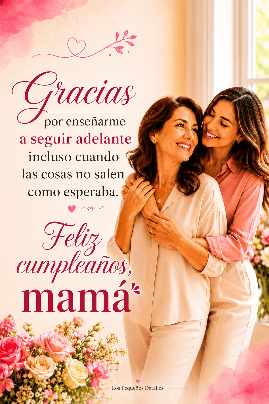 Madre e hija abrazadas y sonriendo junto a un ramo de flores, con el mensaje: “Gracias por enseñarme a seguir adelante incluso cuando las cosas no salen como esperaba. Feliz cumpleaños, mamá