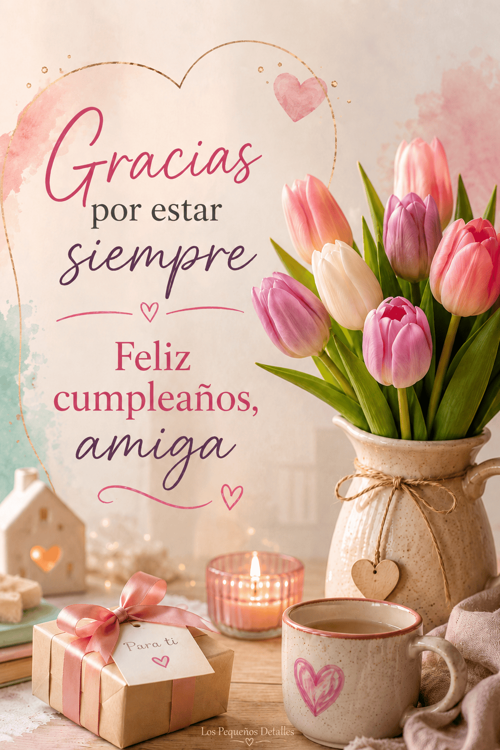 Imagen vertical con tulipanes de colores, un regalo, una vela y una taza, junto al mensaje: “Gracias por estar siempre. Feliz cumpleaños, amiga