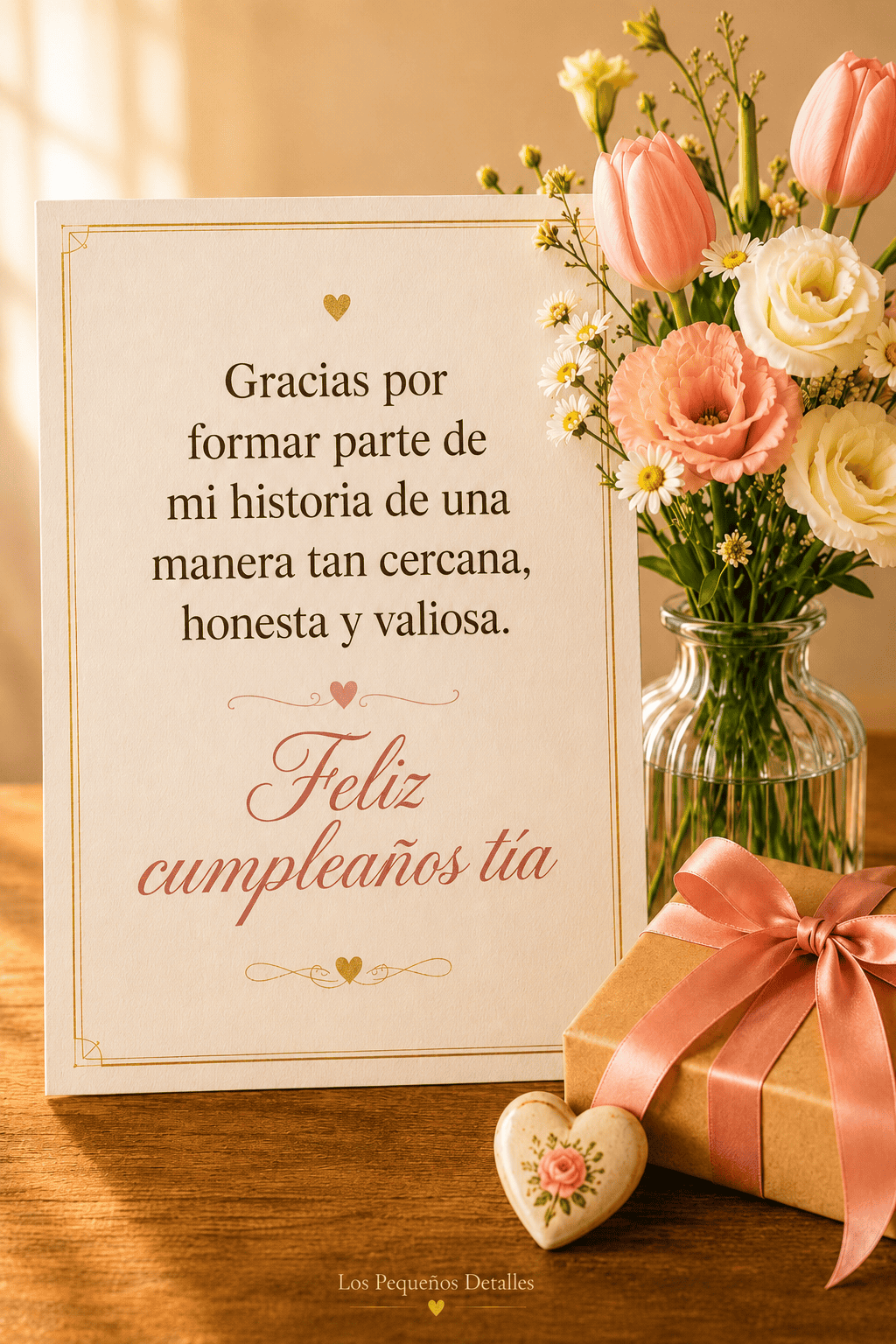 Tarjeta elegante con el mensaje “Gracias por formar parte de mi historia de una manera tan cercana, honesta y valiosa. Feliz cumpleaños tía”, junto a un ramo de tulipanes y flores claras, un regalo con lazo rosa y un pequeño corazón decorativo