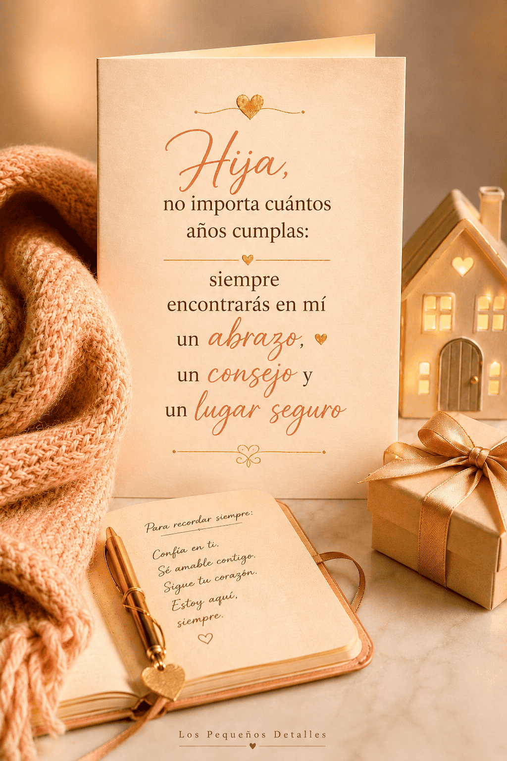 Tarjeta cálida para una hija, acompañada de una manta, una libreta, un regalo y una casita iluminada, con el mensaje: “Hija, no importa cuántos años cumplas: siempre encontrarás en mí un abrazo, un consejo y un lugar seguro