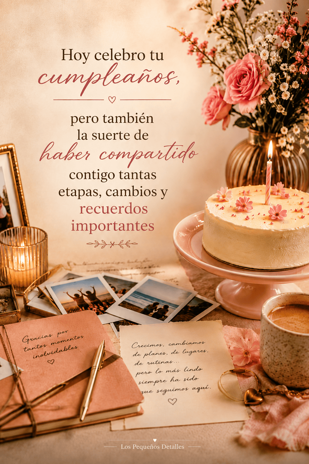 Imagen vertical de cumpleaños con pastel, flores rosadas, fotos de recuerdos, cuaderno y taza de café, junto al mensaje: “Hoy celebro tu cumpleaños, pero también la suerte de haber compartido contigo tantas etapas, cambios y recuerdos importantes