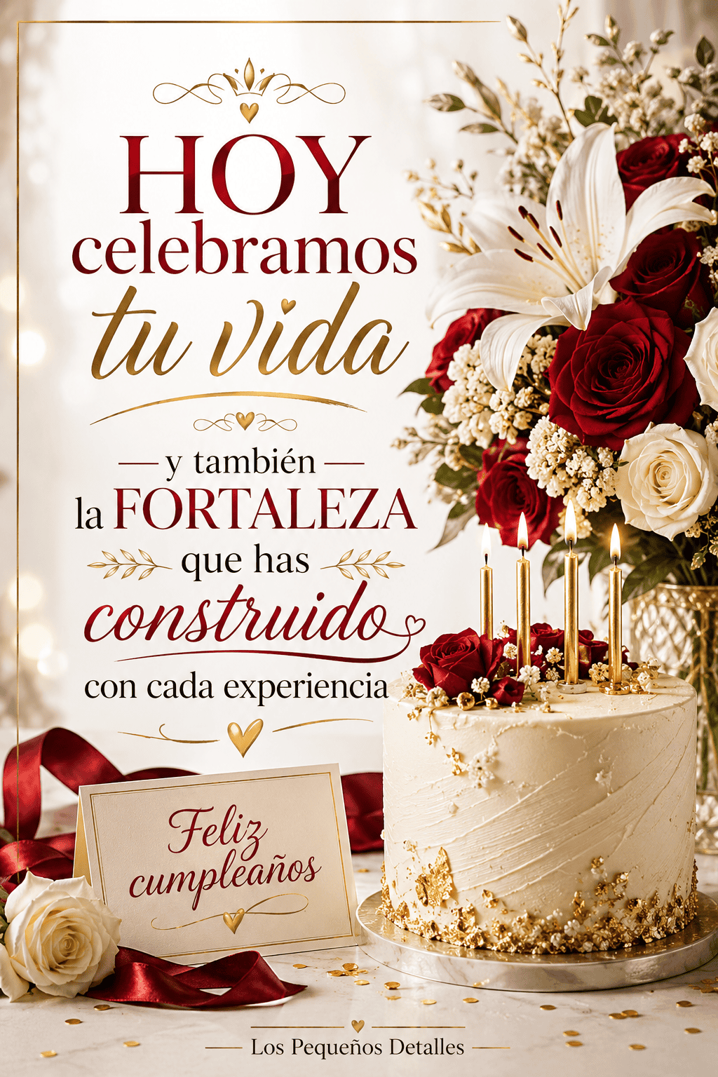 Imagen vertical de cumpleaños con rosas rojas y blancas, lirios, pastel con velas doradas y una tarjeta que dice "Feliz cumpleaños", junto a la frase "Hoy celebramos tu vida y también la fortaleza que has construido con cada experiencia".
