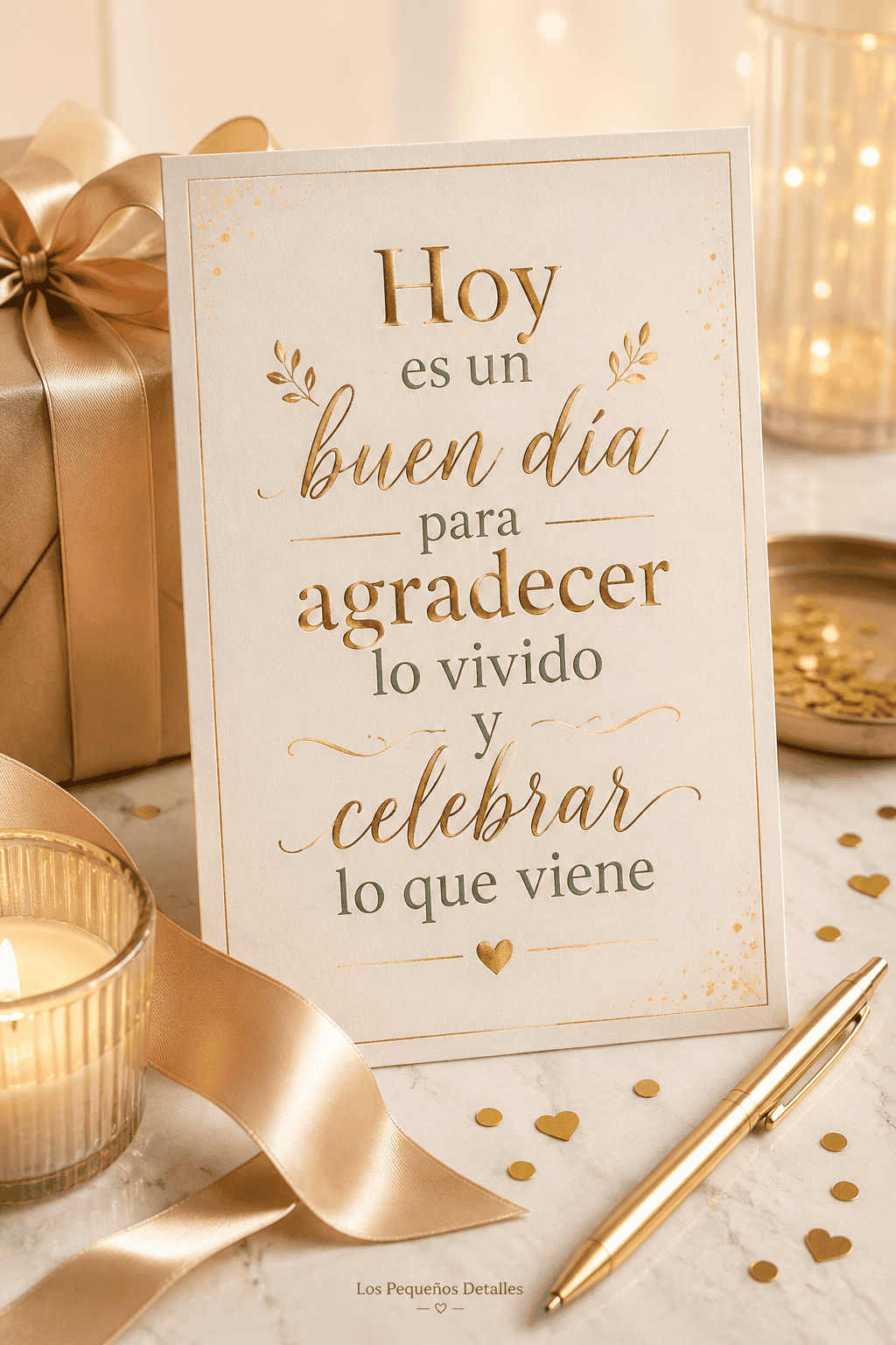 Tarjeta elegante junto a un regalo, una vela y un bolígrafo dorado, con el mensaje: “Hoy es un buen día para agradecer lo vivido y celebrar lo que viene