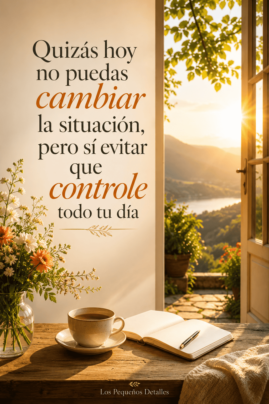 Imagen vertical con la frase “Quizás hoy no puedas cambiar la situación, pero sí evitar que controle todo tu día”, sobre una escena luminosa con flores, café, cuaderno y un paisaje al amanecer