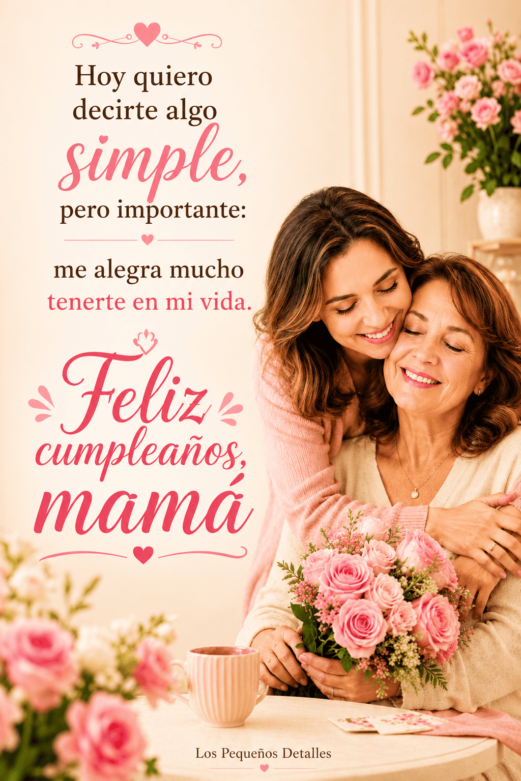Mamá sonriente abrazada por su hija y sosteniendo un ramo de rosas, junto al mensaje: “Hoy quiero decirte algo simple, pero importante: me alegra mucho tenerte en mi vida. Feliz cumpleaños, mamá