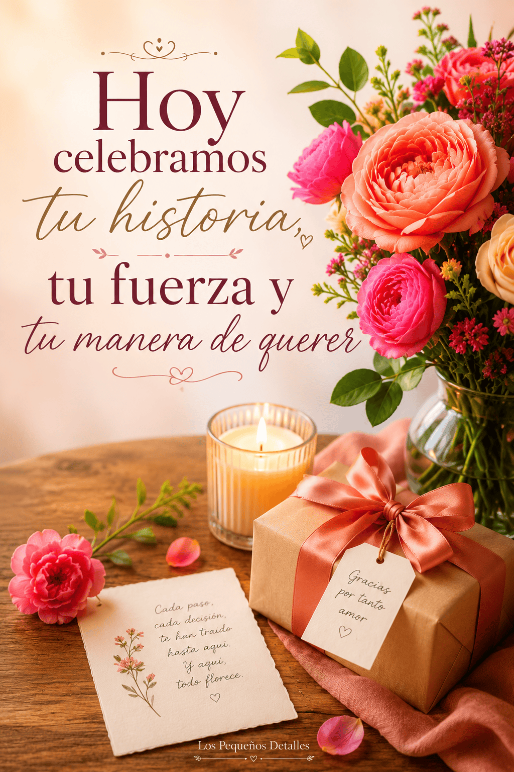 Arreglo de flores coloridas junto a una vela, un regalo y una tarjeta con el mensaje: “Hoy celebramos tu historia, tu fuerza y tu manera de querer