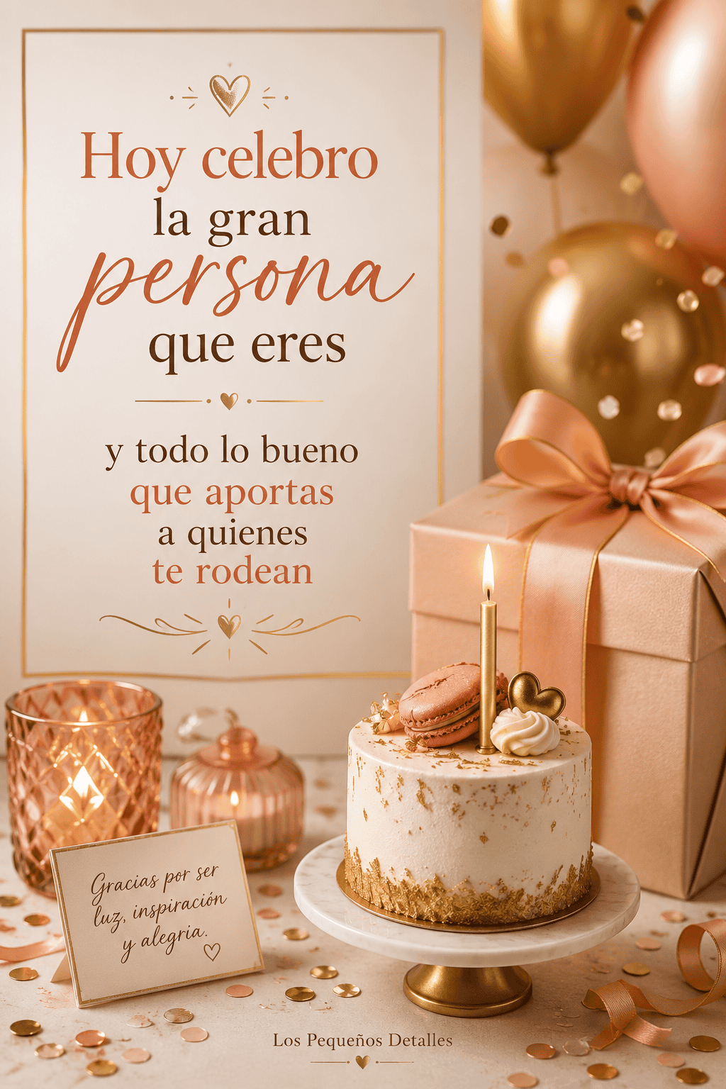 Celebración de cumpleaños elegante en tonos melocotón y dorado, con pastel, regalo, globos y el mensaje: “Hoy celebro la gran persona que eres y todo lo bueno que aportas a quienes te rodean