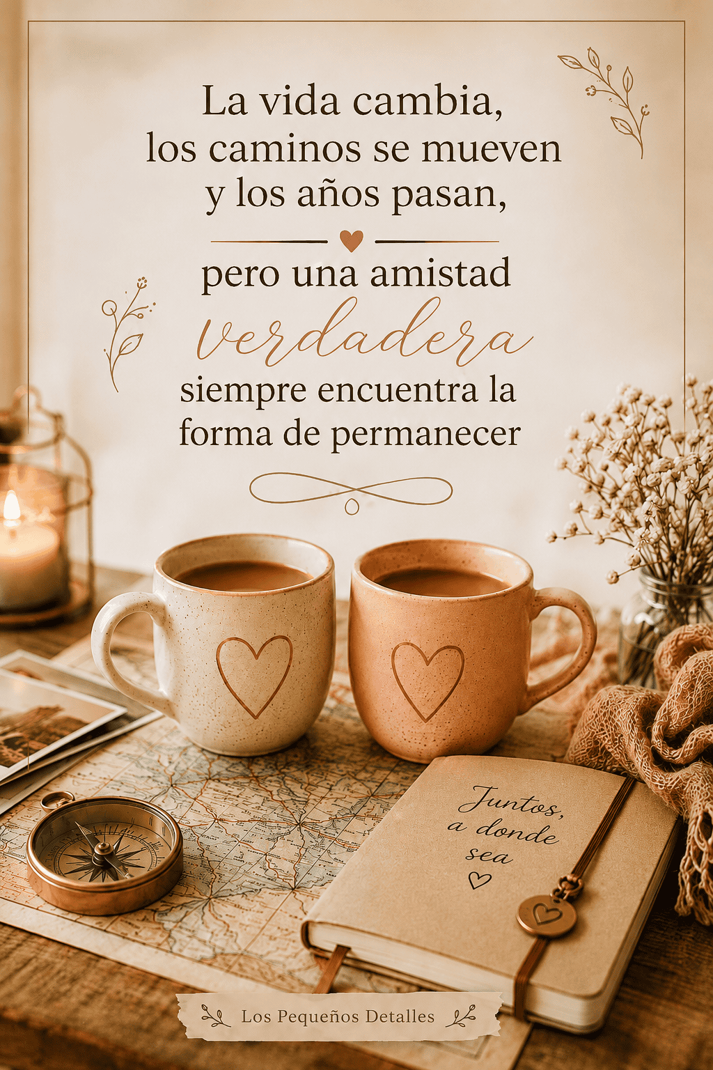 Dos tazas sobre un mapa, junto a una brújula, una agenda y una vela, con el mensaje: “La vida cambia, los caminos se mueven y los años pasan, pero una amistad verdadera siempre encuentra la forma de permanecer