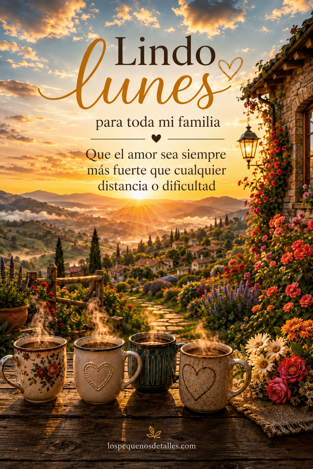 Imagen de un amanecer sobre un valle lleno de flores y casas, con cuatro tazas humeantes sobre una mesa y el mensaje: “Lindo lunes para toda mi familia. Que el amor sea siempre más fuerte que cualquier distancia o dificultad”.
