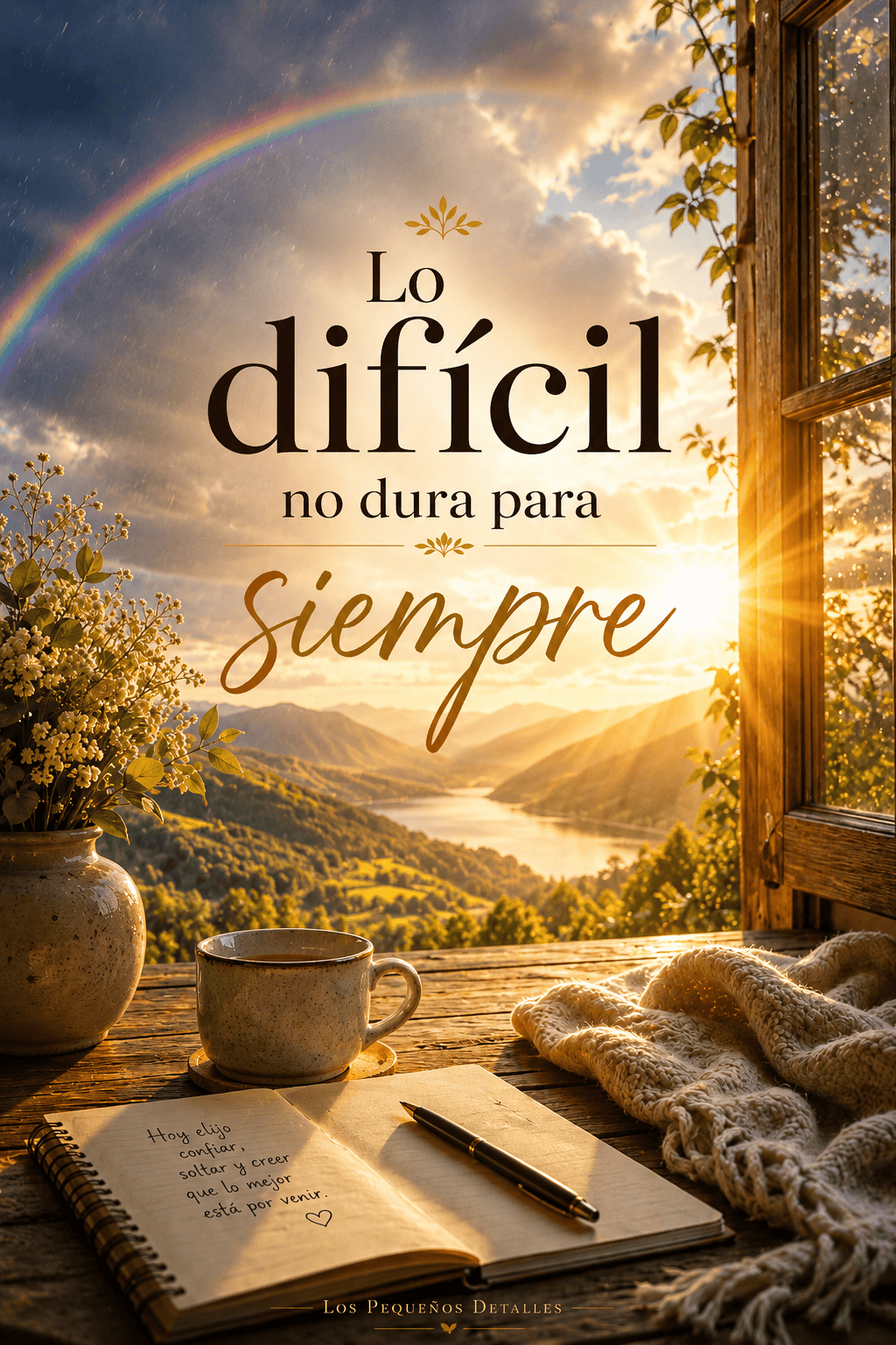 Imagen vertical con la frase “Lo difícil no dura para siempre”, un arcoíris tras la lluvia y un paisaje iluminado por el sol entre montañas