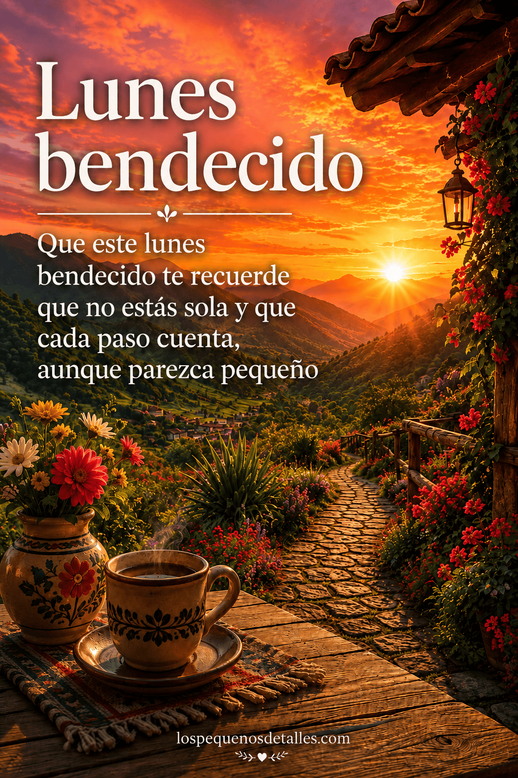 Imagen de un amanecer intenso sobre un valle lleno de flores, con una taza de café humeante y el mensaje: “Lunes bendecido. Que este lunes bendecido te recuerde que no estás sola y que cada paso cuenta, aunque parezca pequeño”.
