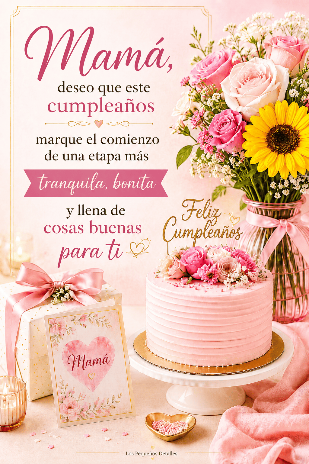 Mesa de cumpleaños decorada con pastel rosa, flores, regalo y tarjeta para mamá, junto al mensaje: “Mamá, deseo que este cumpleaños marque el comienzo de una etapa más tranquila, bonita y llena de cosas buenas para ti