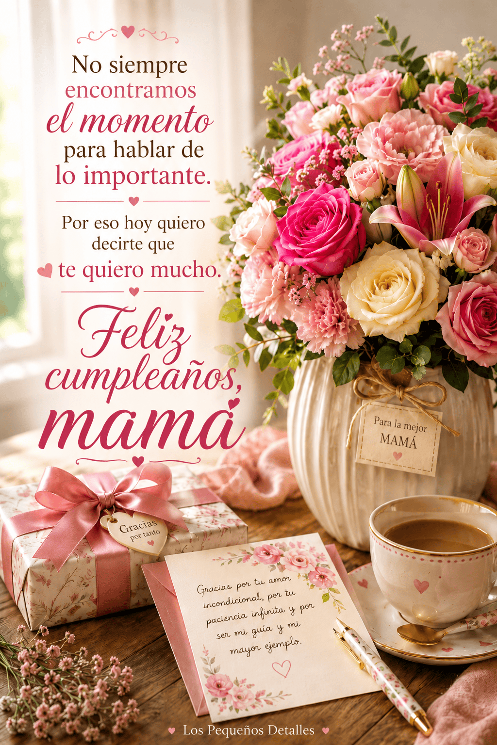 Ramo de flores en tonos rosa y crema sobre una mesa de madera, junto a una taza, un regalo envuelto y una carta para mamá, con el mensaje: “No siempre encontramos el momento para hablar de lo importante. Por eso hoy quiero decirte que te quiero mucho. Feliz cumpleaños, mamá