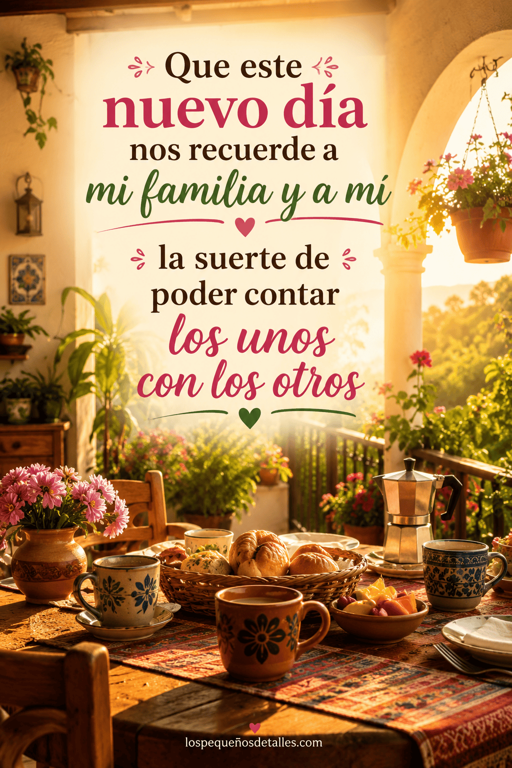**Texto alternativo:**
Mesa de desayuno familiar en una terraza iluminada por el sol, con varias tazas, pan, flores y el mensaje: “Que este nuevo día nos recuerde a mi familia y a mí la suerte de poder contar los unos con los otros”.
