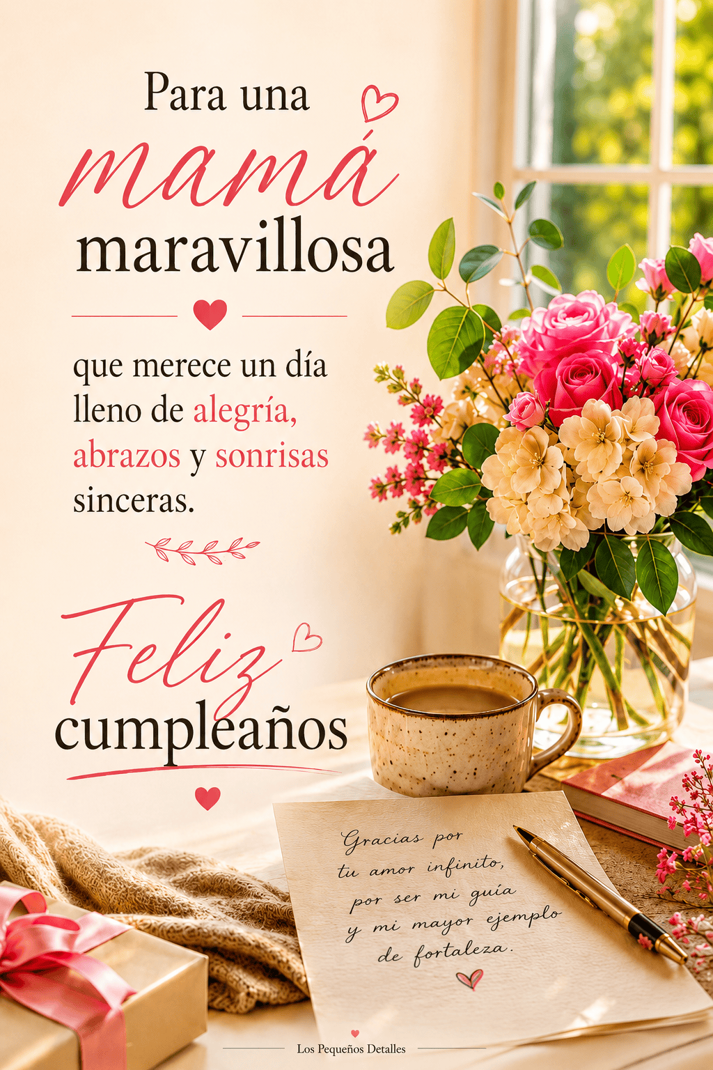 Ramo de flores intensas en tonos rosa y crema junto a una taza, un regalo y una carta para mamá, con el mensaje: “Para una mamá maravillosa que merece un día lleno de alegría, abrazos y sonrisas sinceras. Feliz cumpleaño