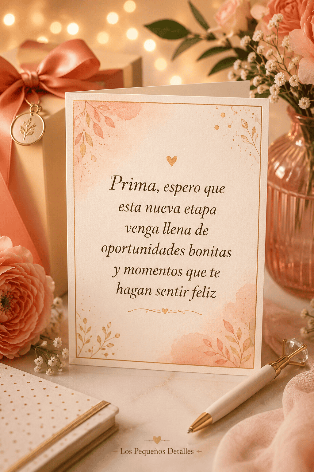 Tarjeta de cumpleaños para una prima, rodeada de un regalo, flores, una libreta y un bolígrafo, con el mensaje: “Prima, espero que esta nueva etapa venga llena de oportunidades bonitas y momentos que te hagan sentir feliz