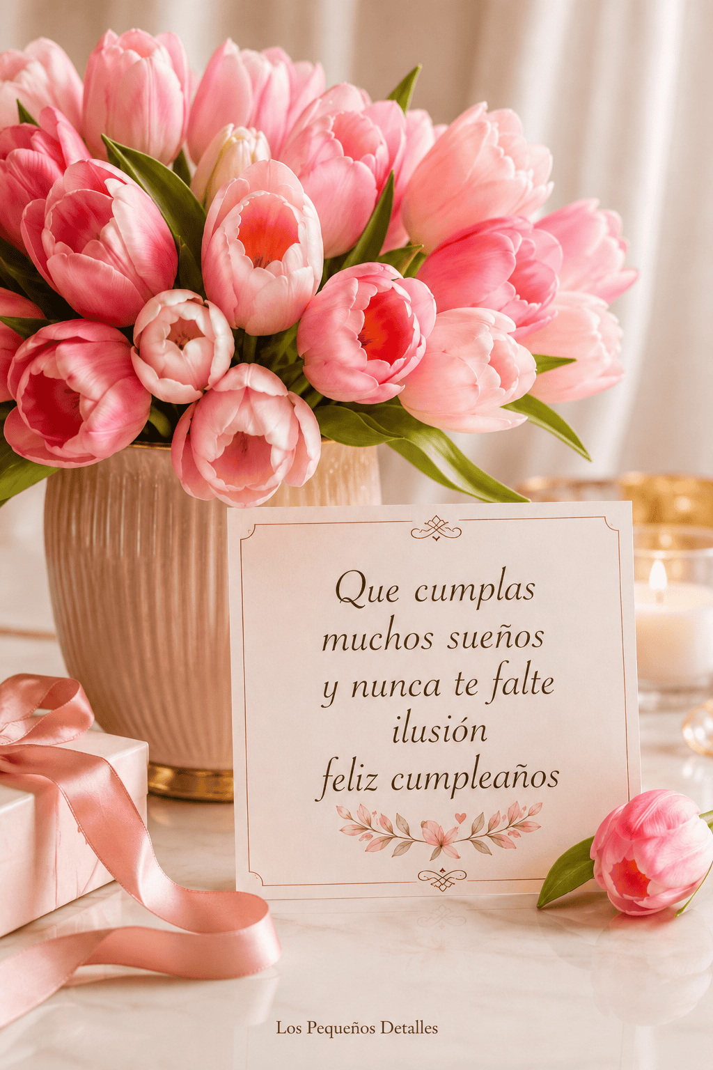 Ramo grande de tulipanes rosas junto a una postal con la frase “Que cumplas muchos sueños y nunca te falte ilusión. Feliz cumpleaños