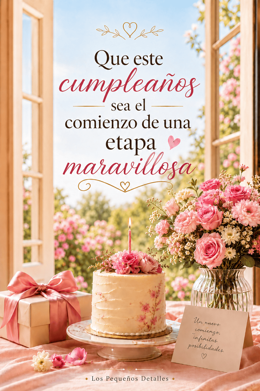 Imagen vertical de cumpleaños con un pastel decorado con flores y una sola vela, un ramo de flores rosadas, un regalo y la frase: “Que este cumpleaños sea el comienzo de una etapa maravillosa