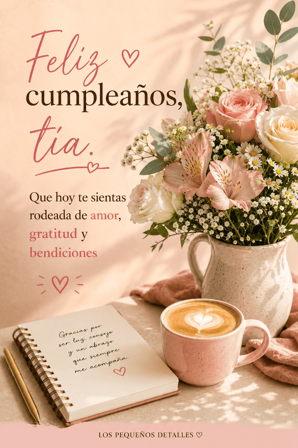Ramo de flores en tonos naturales junto a una taza de café y un cuaderno, con el mensaje: “Feliz cumpleaños, tía. Que hoy te sientas rodeada de amor, gratitud y bendiciones