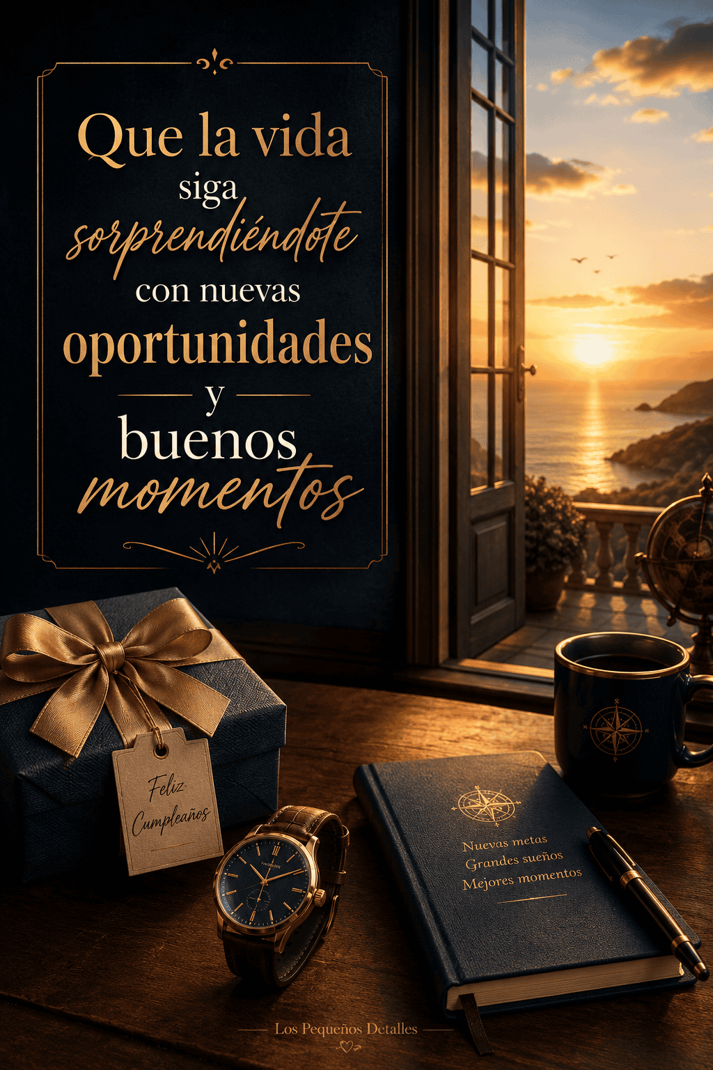 Imagen de cumpleaños para un hombre con regalo azul, reloj, libreta y una vista al mar al atardecer, junto a la frase: “Que la vida siga sorprendiéndote con nuevas oportunidades y buenos momentos