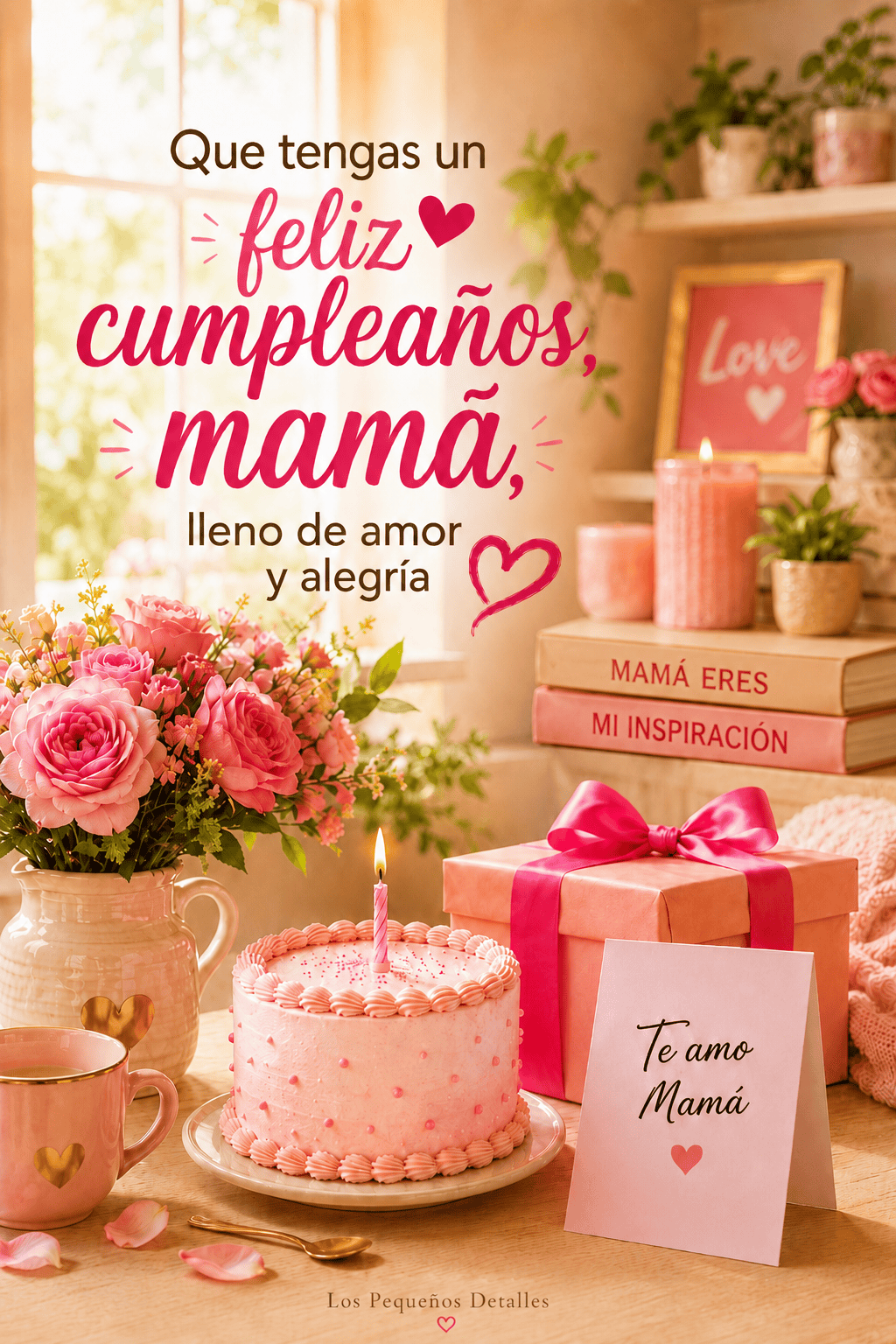 Mesa decorada con pastel rosa, flores, regalo y tarjeta para mamá, junto al texto: “Que tengas un feliz cumpleaños, mamá, lleno de amor y alegría