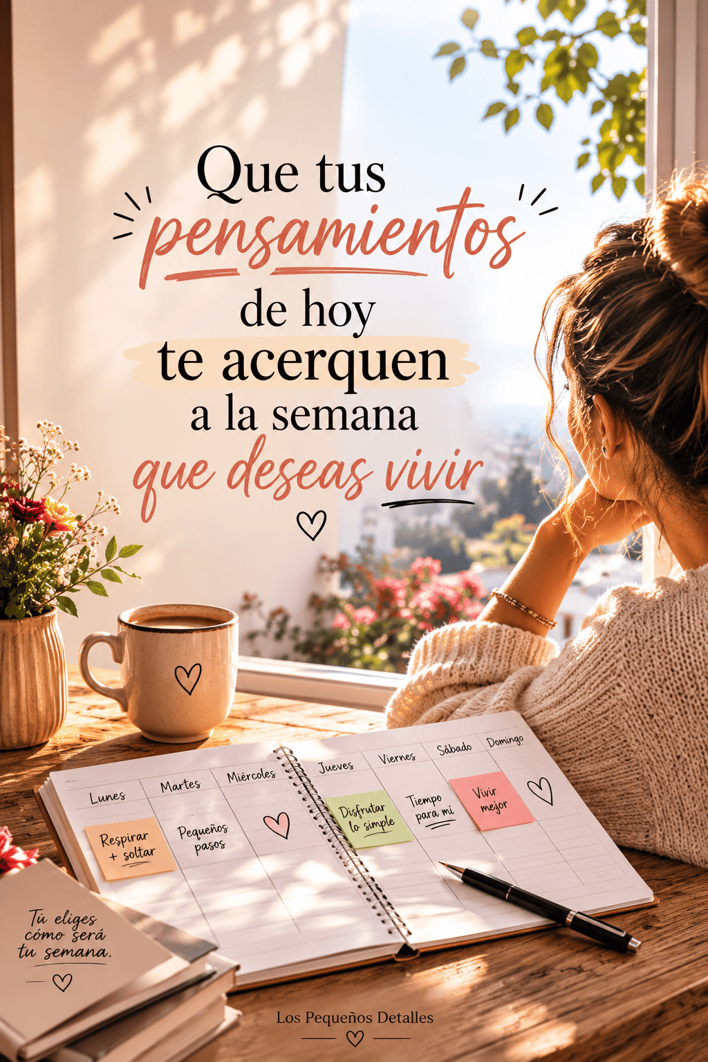 Imagen vertical con una mujer organizando su agenda semanal junto a la ventana y la frase “Que tus pensamientos de hoy te acerquen a la semana que deseas vivir