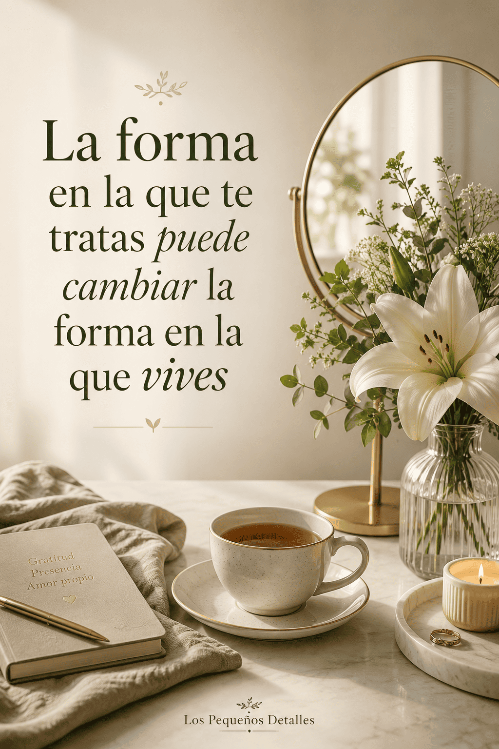 Imagen con la frase “La forma en la que te tratas puede cambiar la forma en la que vives”, en un ambiente elegante y sereno con taza de té, flores blancas, espejo y detalles decorativos en tonos suaves