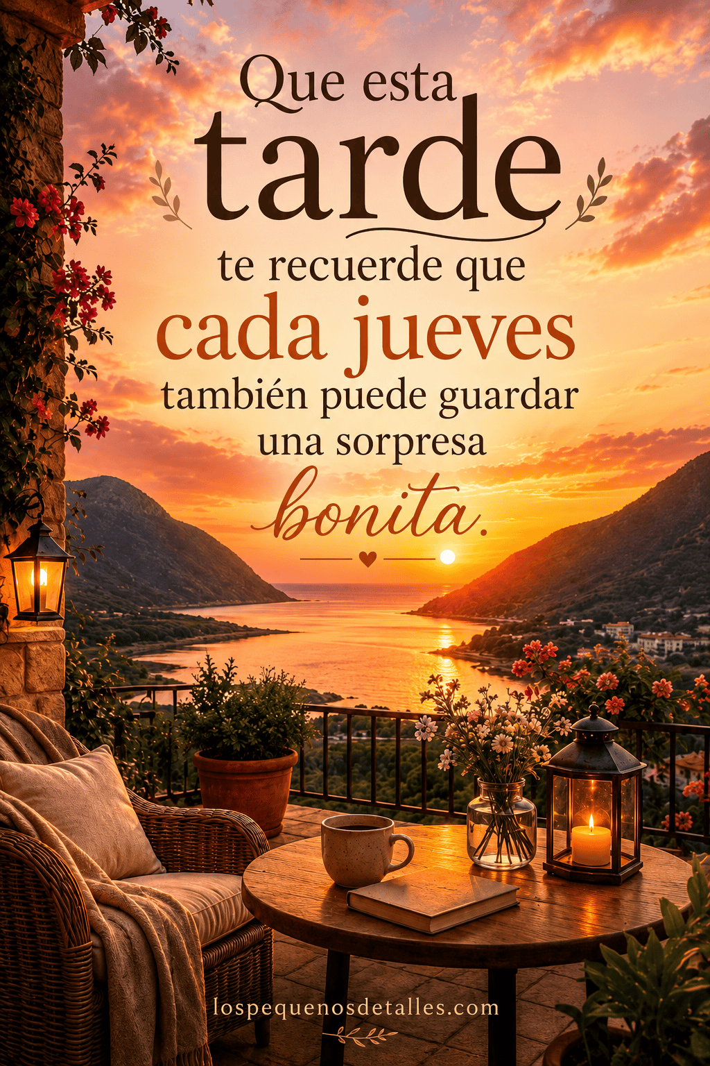 Terraza acogedora al atardecer con sillón, mesa, farol, flores y una vista al mar entre dos montañas, con el mensaje: “Que esta tarde te recuerde que cada jueves también puede guardar una sorpresa bonita”