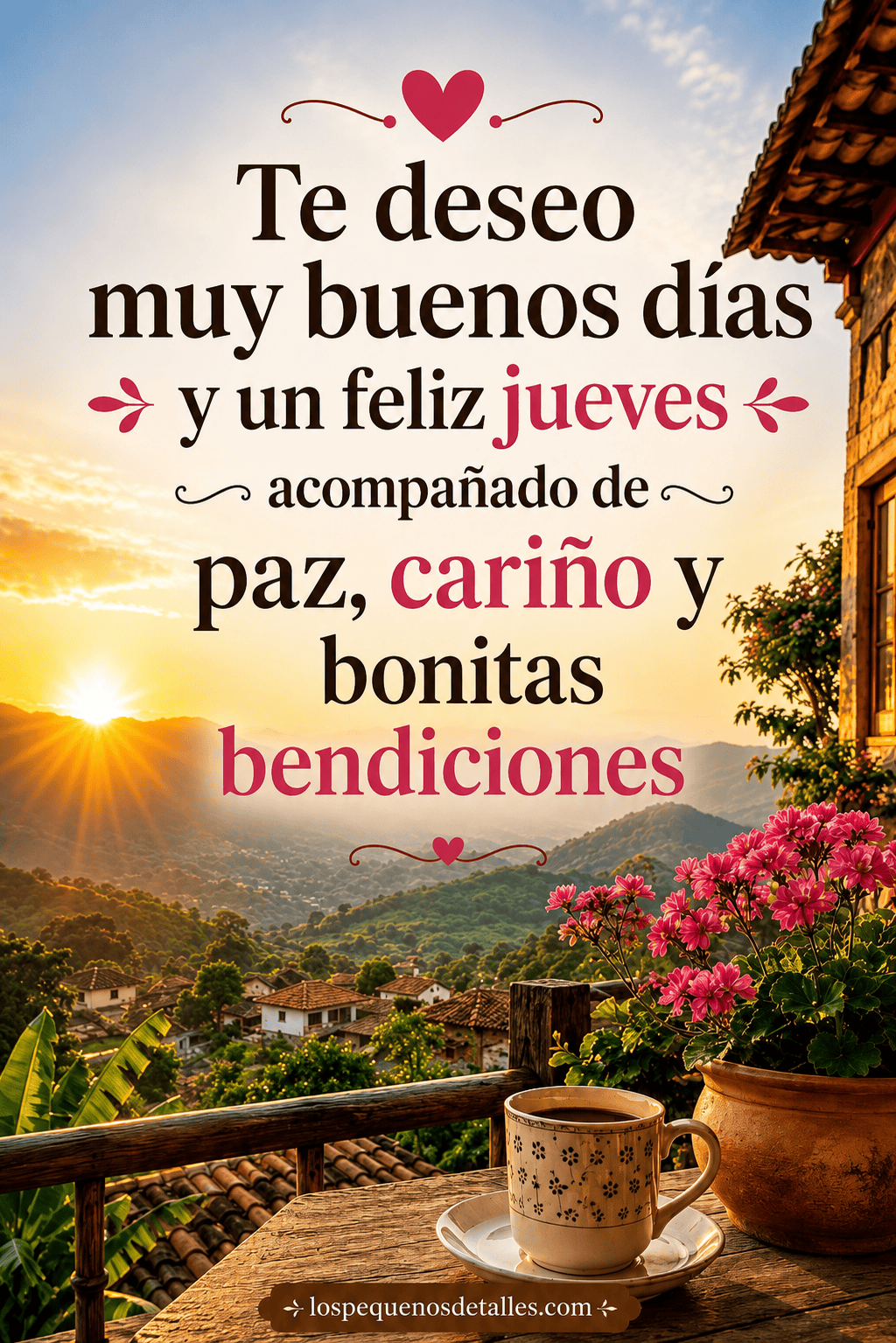 Imagen vertical de amanecer con paisaje de montañas y un pequeño pueblo al fondo, terraza con taza de café y flores rosas en primer plano, y el mensaje: “Te deseo muy buenos días y un feliz jueves acompañado de paz, cariño y bonitas bendiciones”