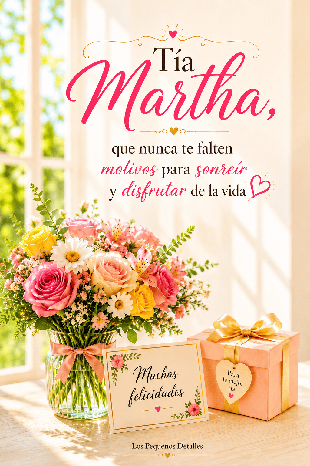 Ramo de flores coloridas junto a un regalo y una tarjeta con “Muchas felicidades”, acompañado del mensaje: “Tía Martha, que nunca te falten motivos para sonreír y disfrutar de la vida