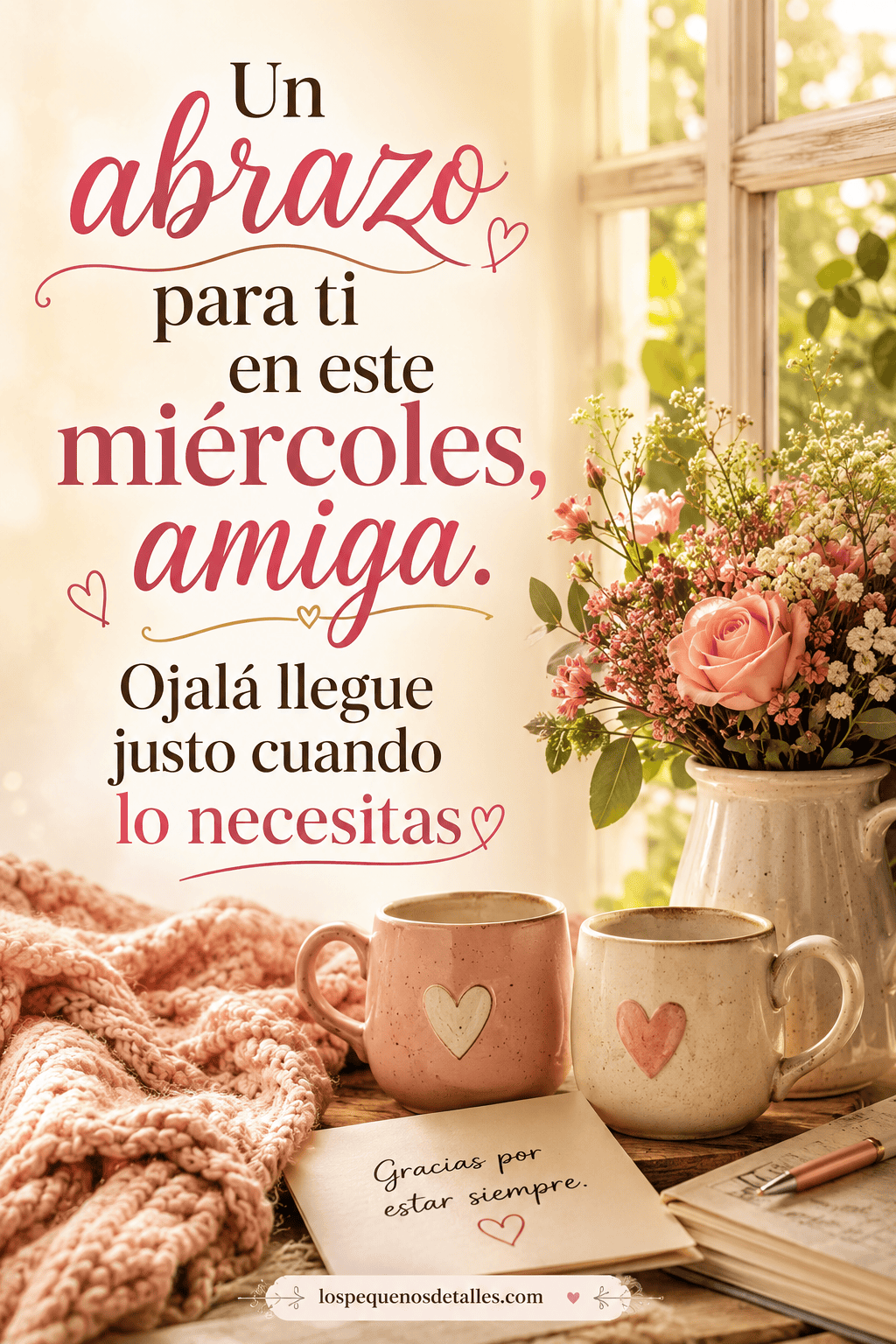 Un abrazo para ti en este miércoles, amiga. Ojalá este mensaje llegue justo cuando más necesitas sentirte acompañada.