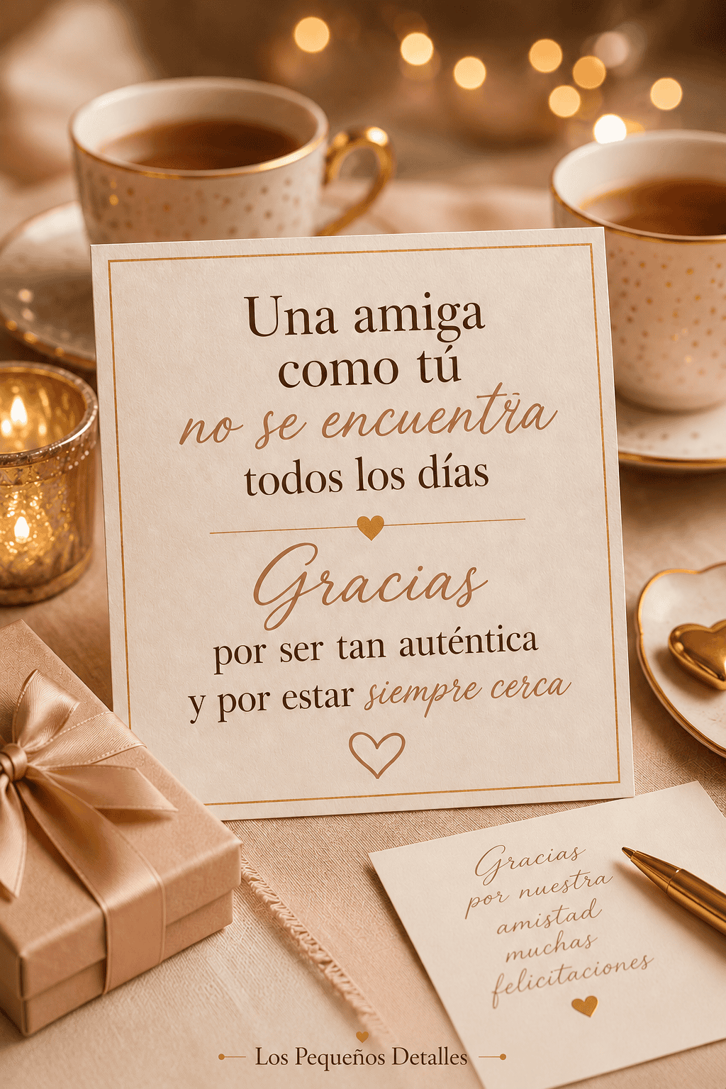 Tarjeta de amistad en tonos cálidos con dos tazas, una vela, un regalo y una nota que dice: “Gracias por nuestra amistad, muchas felicitaciones”, junto al mensaje: “Una amiga como tú no se encuentra todos los días. Gracias por ser tan auténtica y por estar siempre cerca