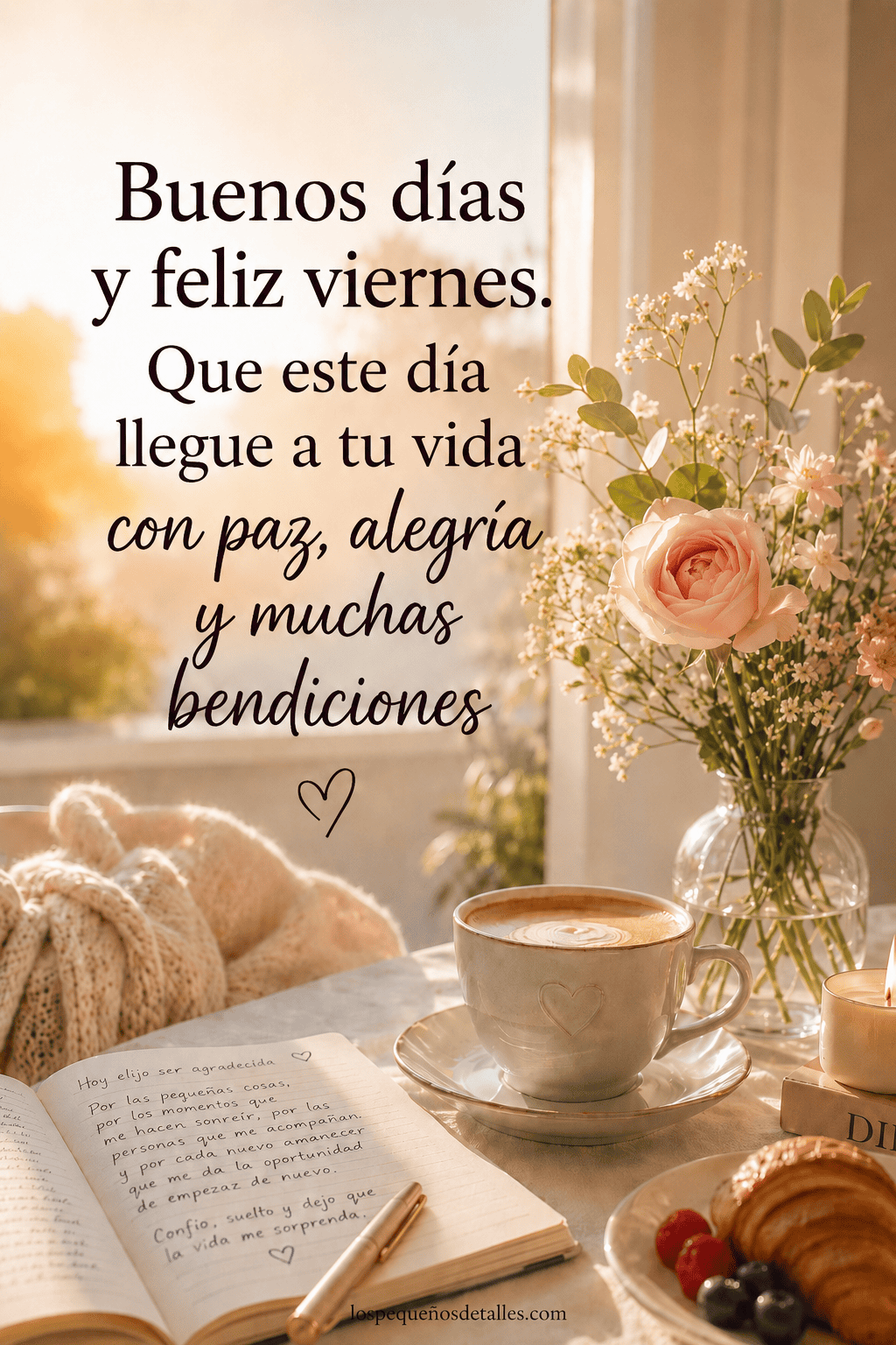 Imagen cálida de buenos días y feliz viernes con café, flores, agenda y luz de la mañana, acompañada de una bendición de paz, alegría y muchas bendiciones.
