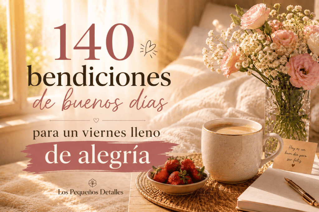 Imagen cálida de viernes buenos días bendiciones con café, fresas, flores y luz de la mañana, acompañada del texto “140 bendiciones de buenos días para un viernes lleno de alegría”.