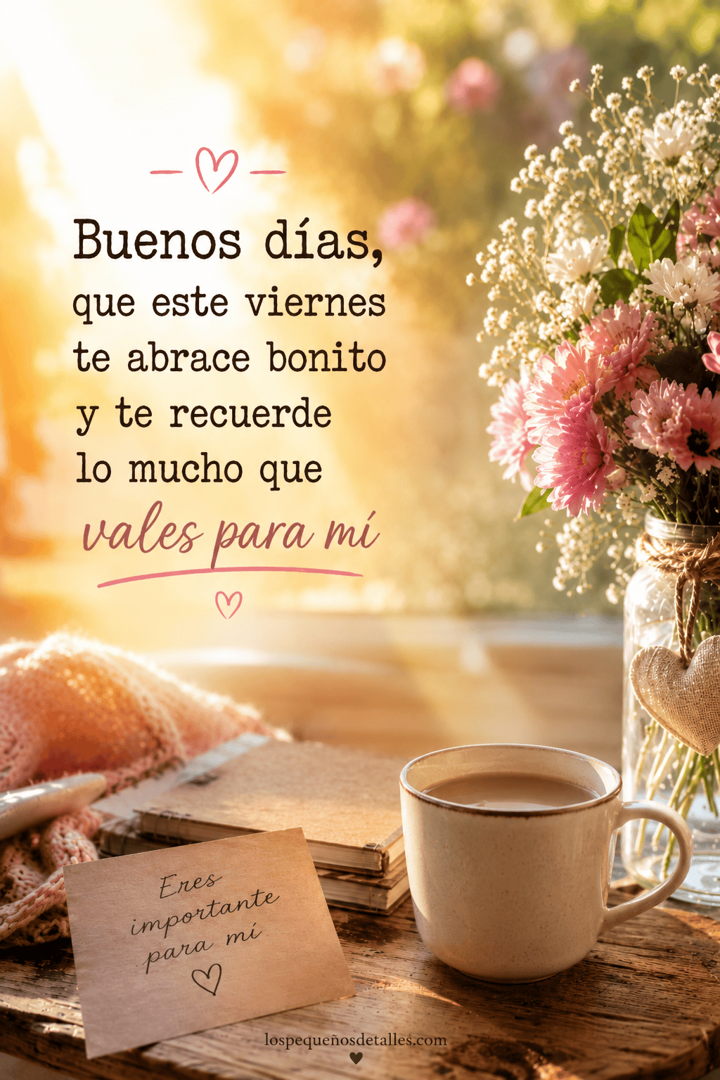 Imagen cálida de buenos días viernes con flores, café y luz de la mañana, acompañada de una frase con amor para recordar a alguien especial lo mucho que vale.