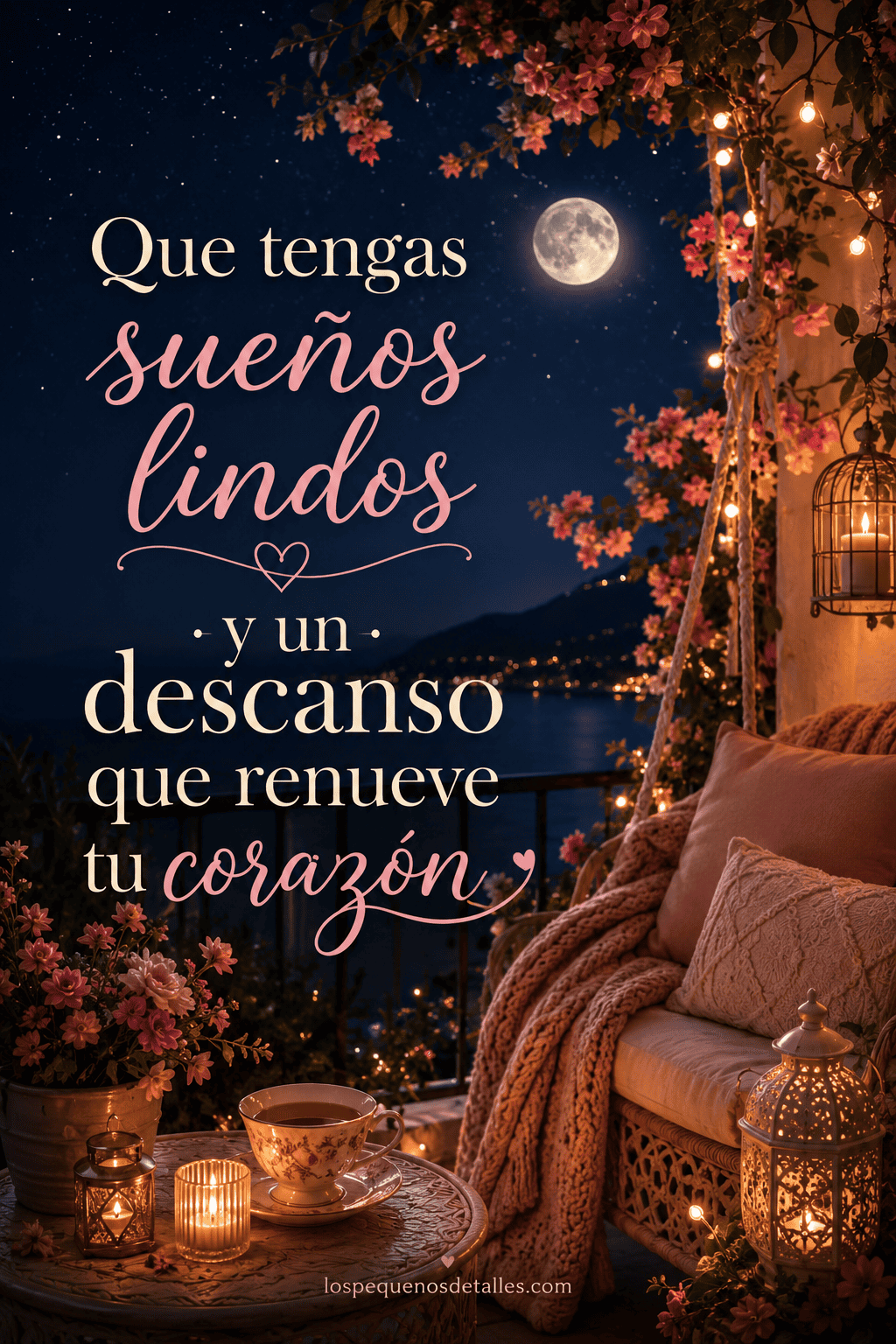 Imagen nocturna en una terraza con luna llena, cielo estrellado, vista al mar, flores, luces cálidas, una taza, velas y el texto “Que tengas sueños lindos y un descanso que renueve tu corazón”.