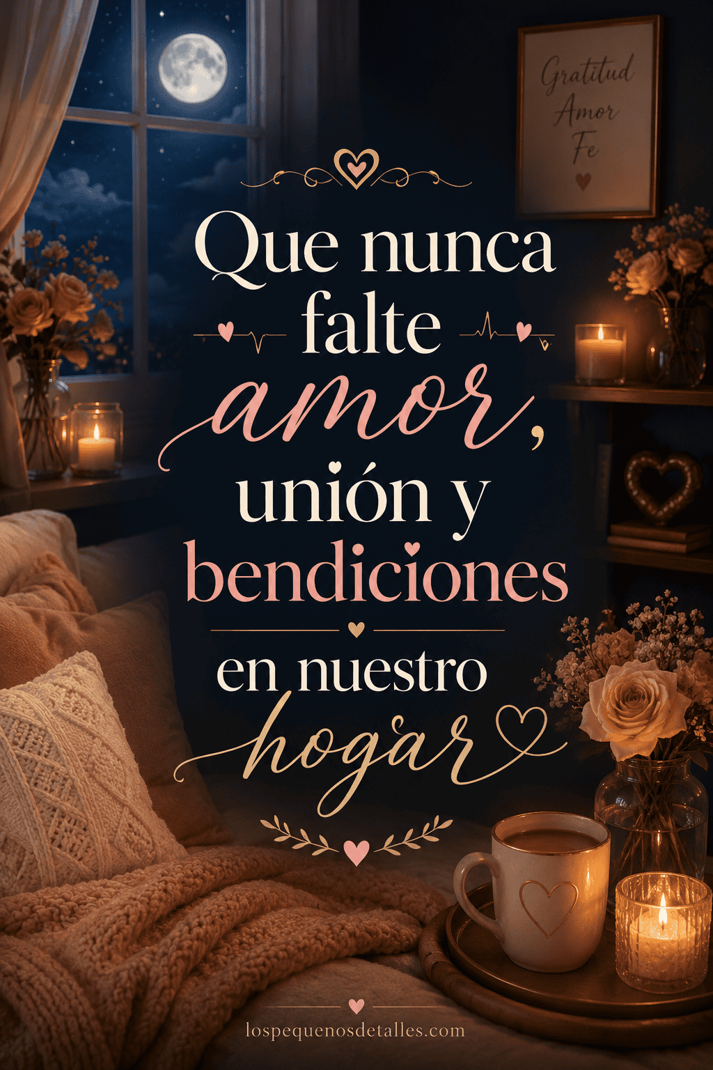 Imagen acogedora de noche en un dormitorio con luna llena, velas encendidas, flores, una taza, manta y el texto “Que nunca falte amor, unión y bendiciones en nuestro hogar”.