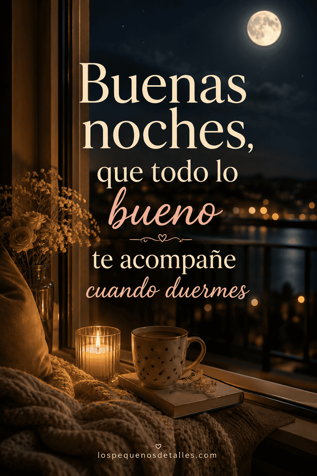 Imagen nocturna acogedora junto a una ventana con luna llena, una vela encendida, una taza sobre un libro, flores y el texto “Buenas noches, que todo lo bueno te acompañe cuando duermes”.