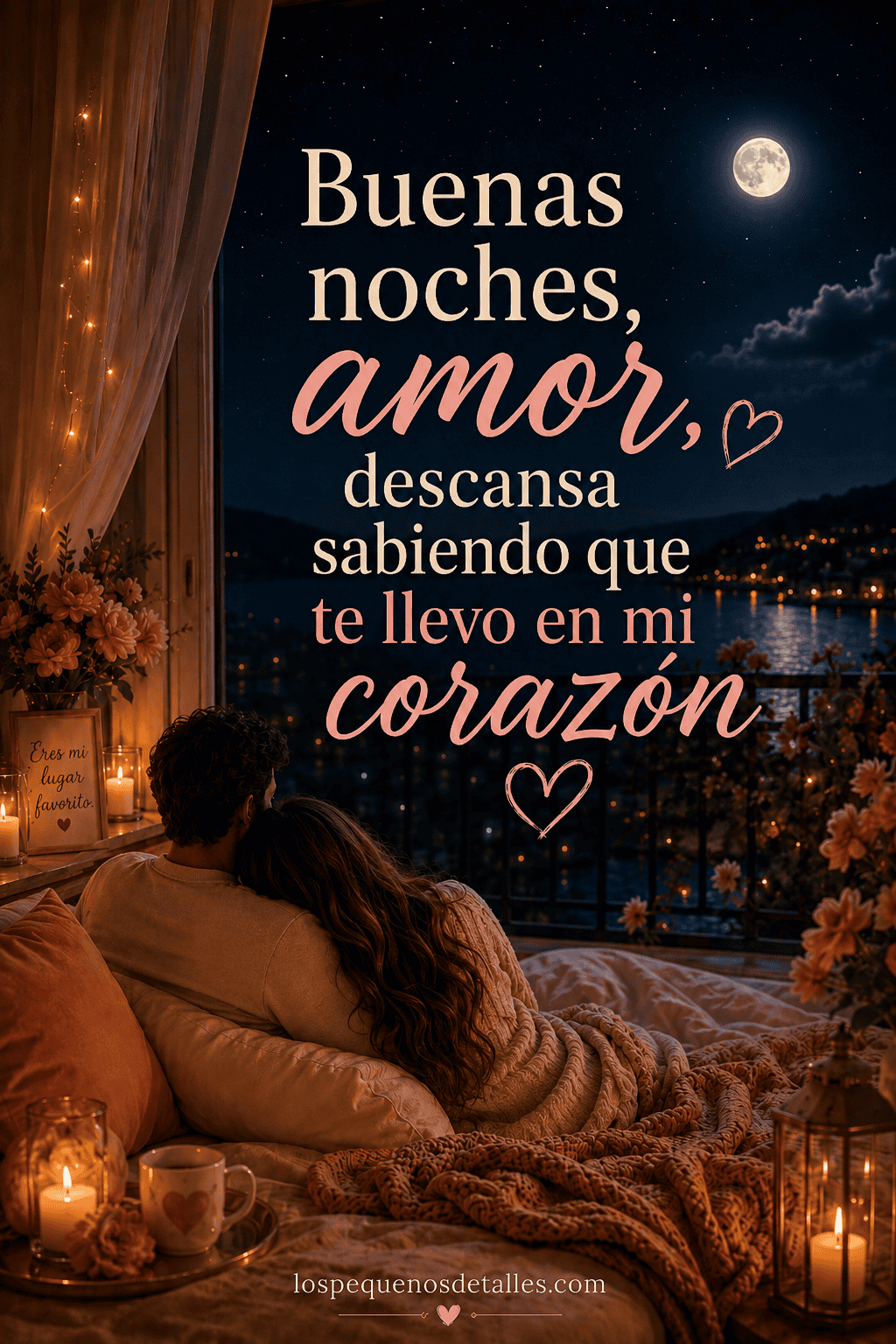 Imagen romántica de noche con una pareja abrazada en la cama mirando por la ventana hacia un lago, luna llena, luces suaves, velas y el texto “Buenas noches, amor, descansa sabiendo que te llevo en mi corazón”