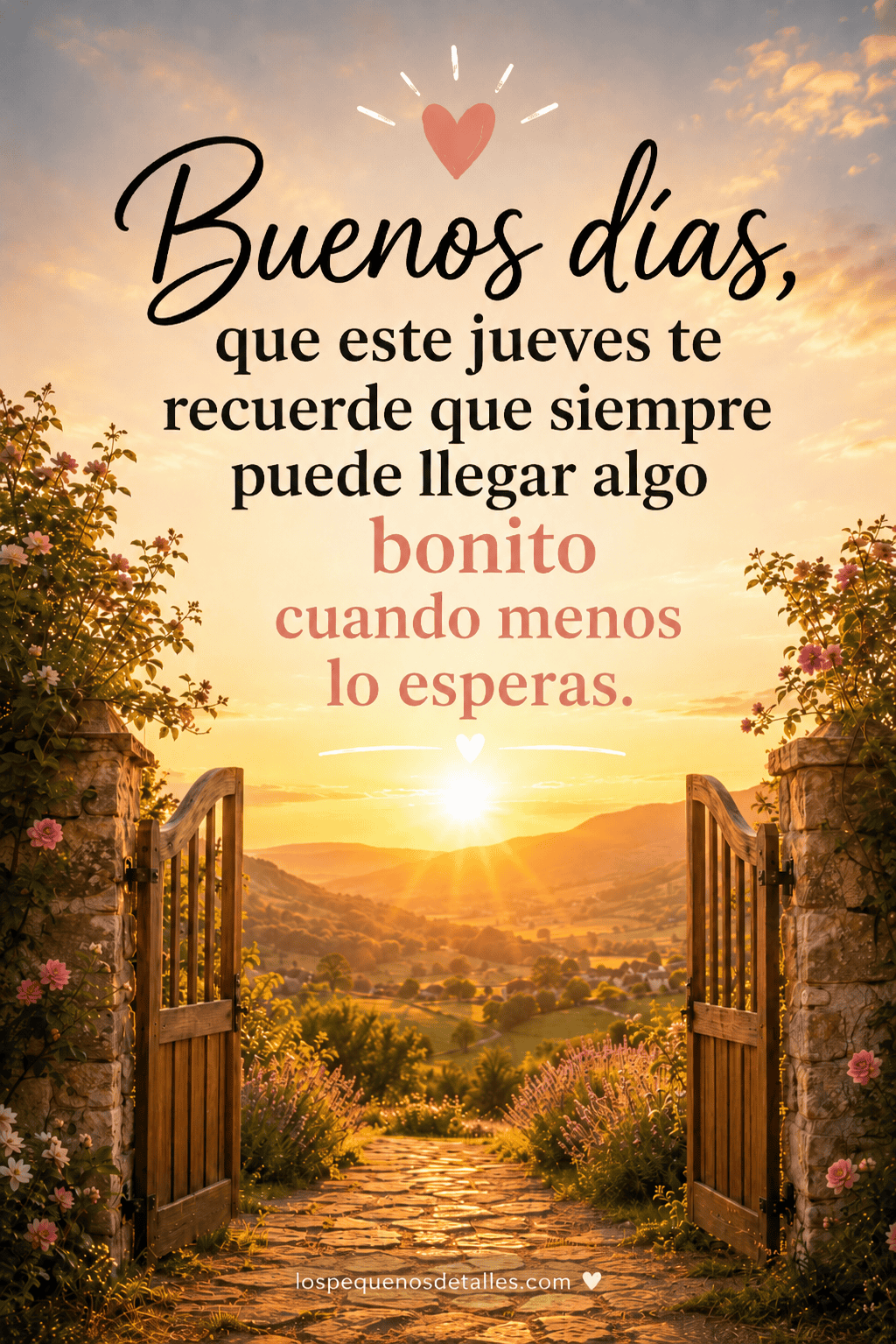 Imagen de buenos días para jueves con una puerta abierta hacia un valle al amanecer y la frase “Buenos días, que este jueves te recuerde que siempre puede llegar algo bonito cuando menos lo esperas”.