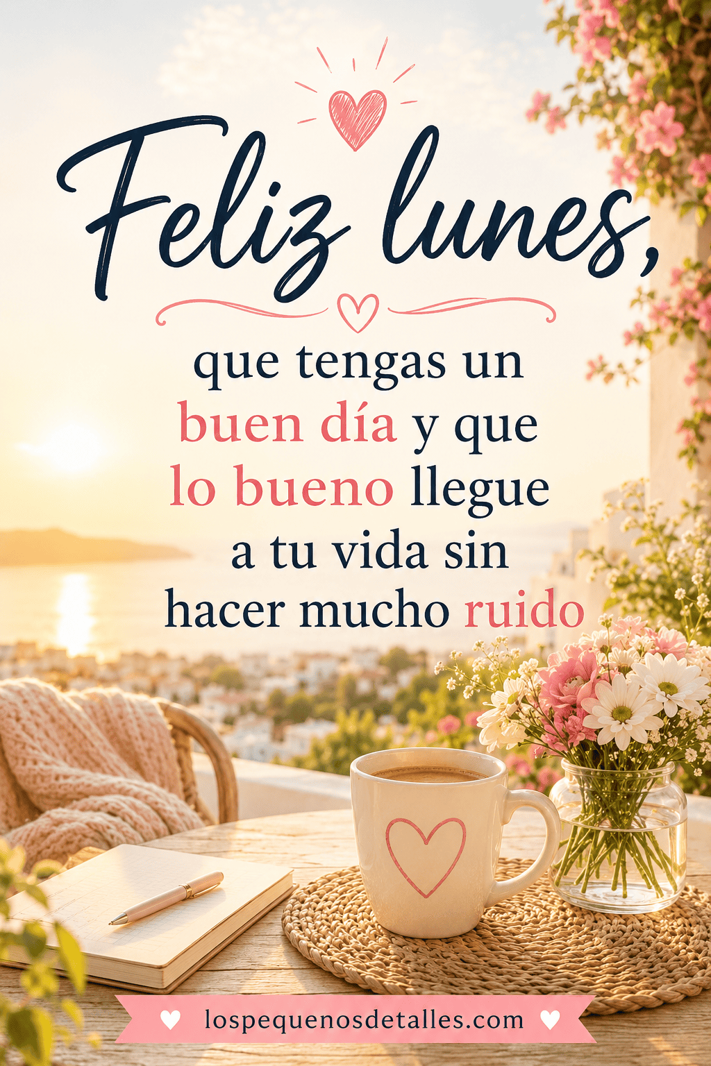 Imagen de feliz lunes con amanecer cálido, taza con corazón, flores y la frase “Feliz lunes, que tengas un buen día y que lo bueno llegue a tu vida sin hacer mucho ruido”.