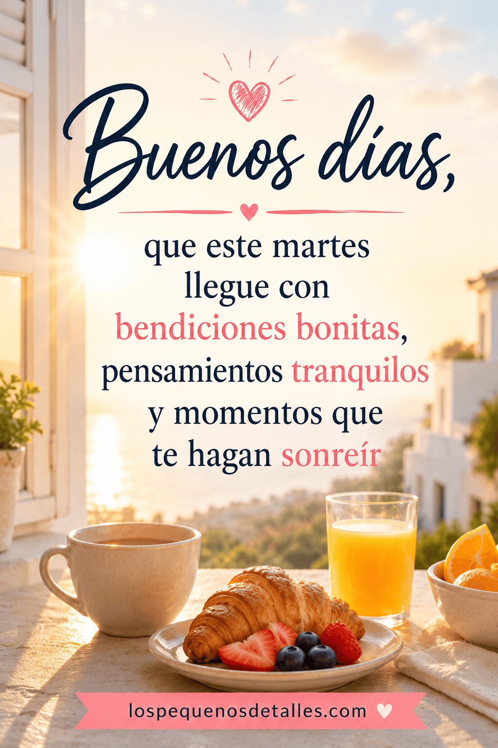 Imagen de buenos días para martes con desayuno, café, jugo de naranja, croissant y la frase “Buenos días, que este martes llegue con bendiciones bonitas, pensamientos tranquilos y momentos que te hagan sonreír”.