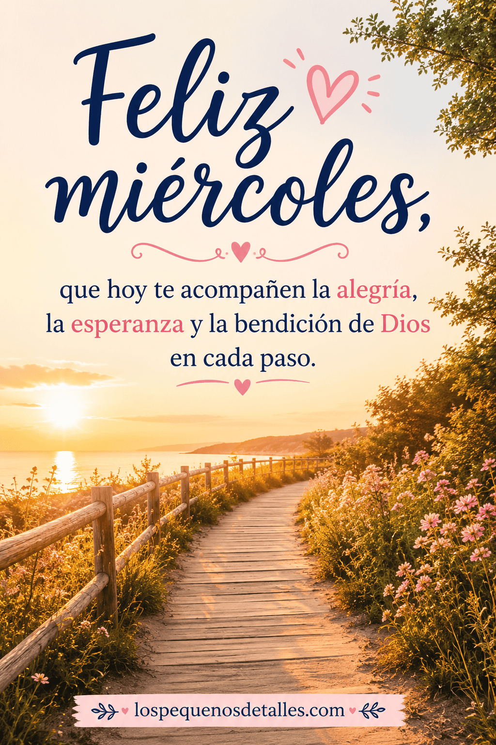 Imagen de feliz miércoles con amanecer junto al mar, camino de madera, flores y la frase “Feliz miércoles, que hoy te acompañen la alegría, la esperanza y la bendición de Dios en cada paso”.