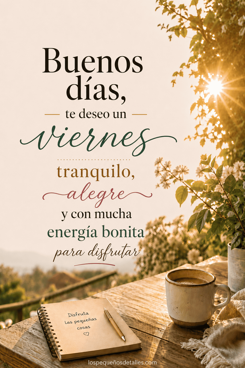 Imagen cálida de buenos días viernes para amigos con taza de café, agenda, plantas y rayos de sol, acompañada de un saludo alegre y positivo para disfrutar el día.
