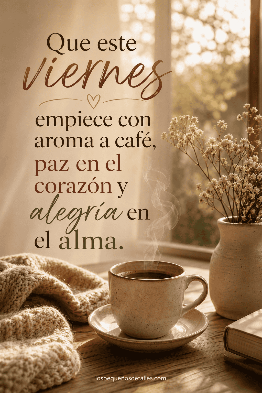 Imagen cálida de viernes con una taza de café humeante, manta suave, flores y luz de la mañana, acompañada de una frase sobre paz, alegría y aroma a café.