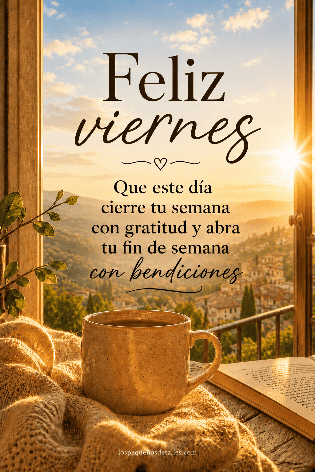 Imagen cálida de feliz viernes con taza de café, libro abierto, rayos de sol y paisaje de pueblo al fondo, acompañada de una bendición de gratitud para cerrar la semana y recibir el fin de semana.