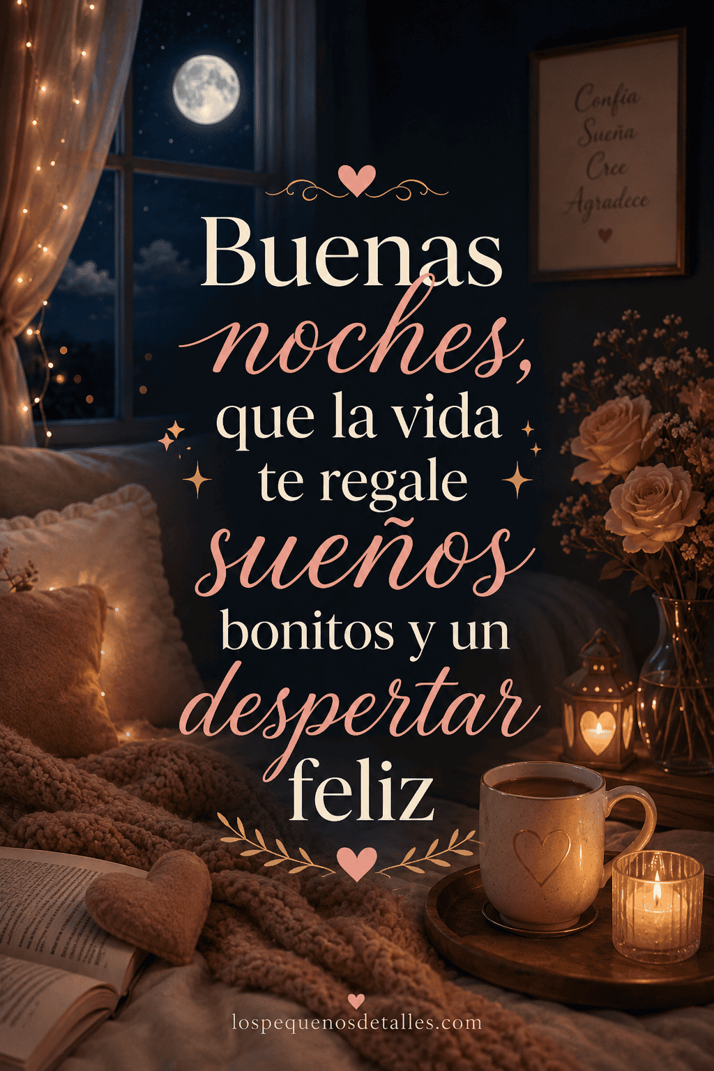 Imagen acogedora de noche en un dormitorio con luna llena, velas encendidas, taza, flores, manta rosa, libro abierto y el texto “Buenas noches, que la vida te regale sueños bonitos y un despertar feliz”.